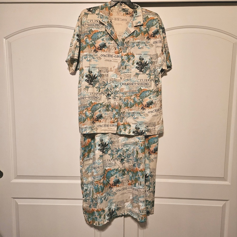Union Made Ms Russ Skirt Set Newspaper Floral‎ Button Up 90s ILGWU Size 34 20W